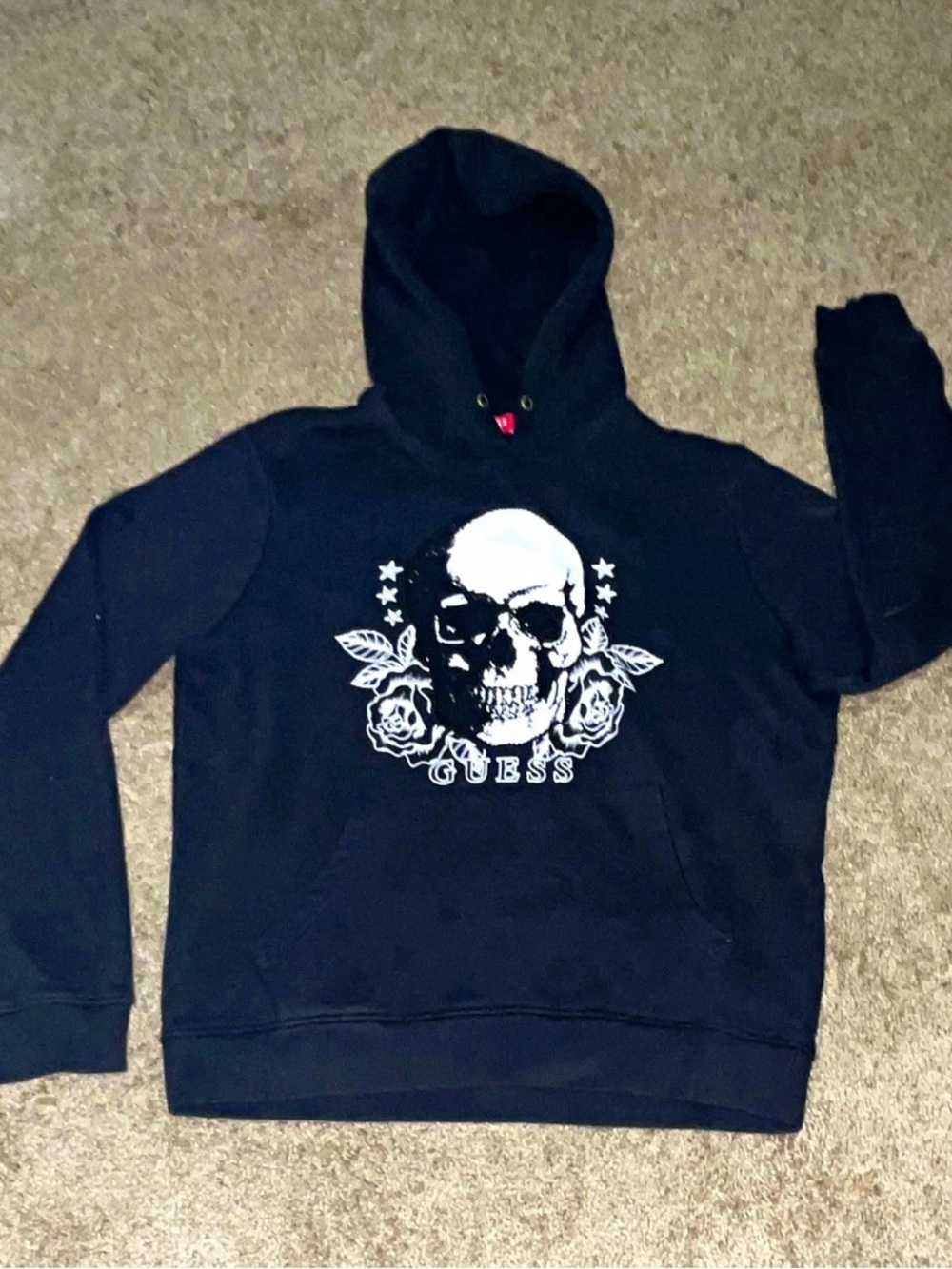 Guess Black Hoodie with White Skull & Rose Graphic